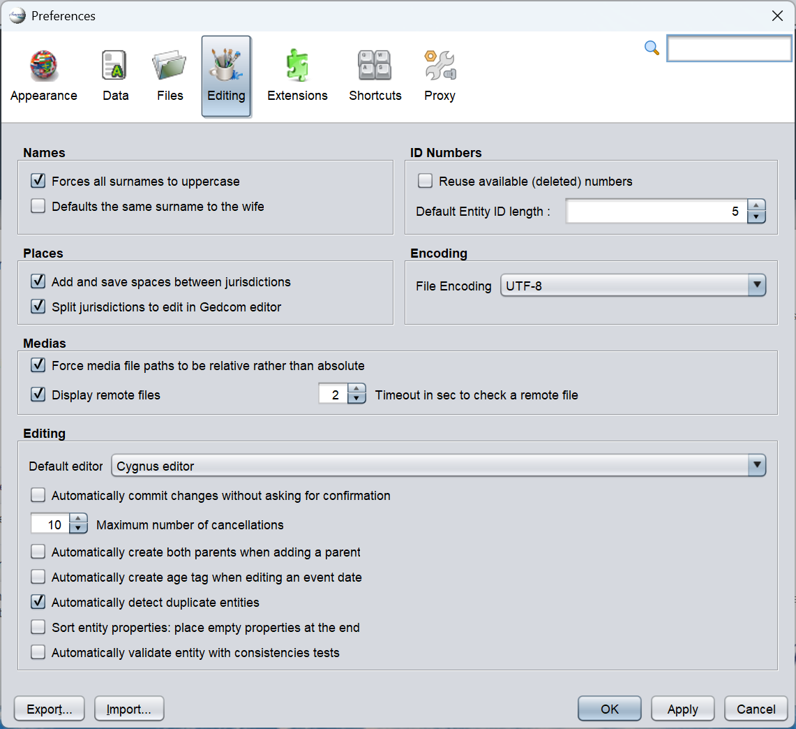 Ancestris preferences editing